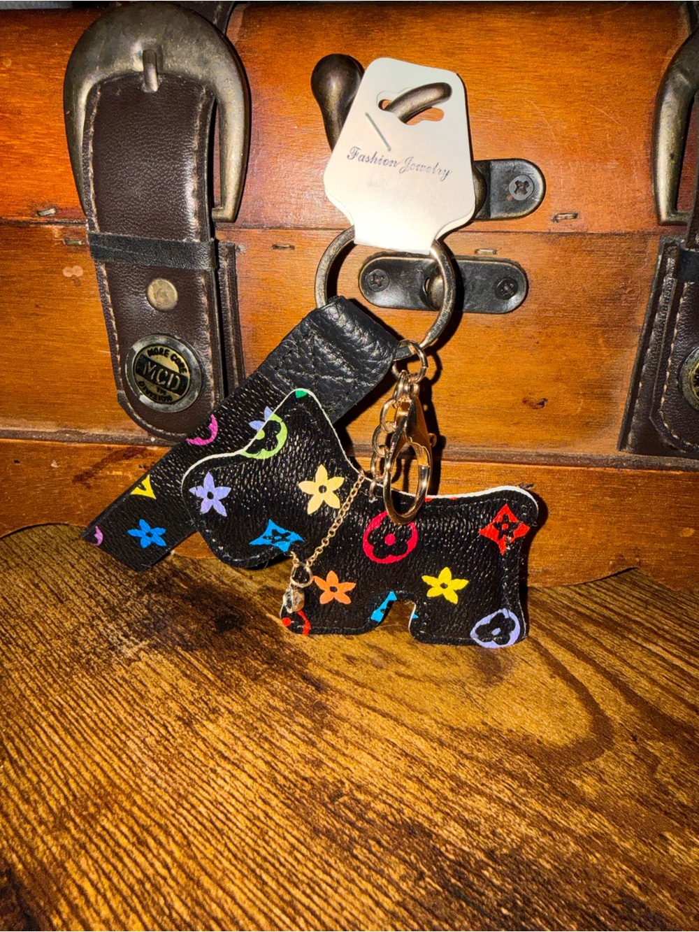 Monogram multicolor floral Scottie puppy dog keychain bag charm black